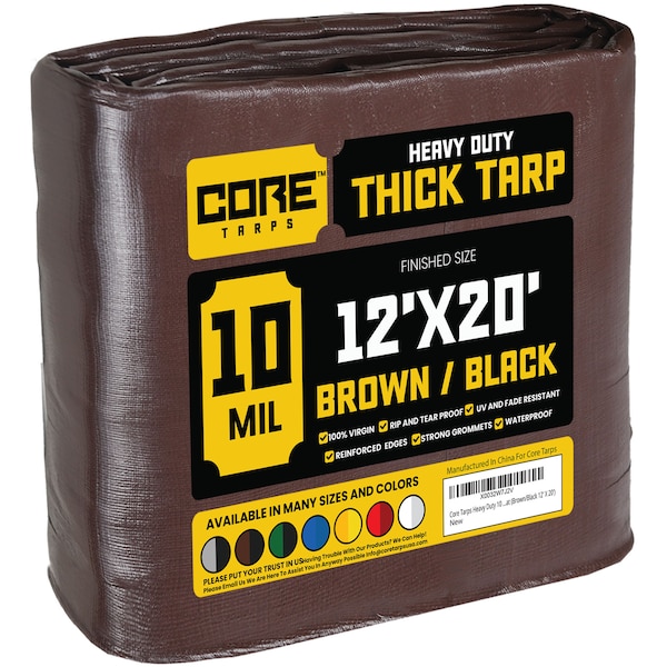 Core Tarps Heavy Duty Tarp, 20 ft L x 0.5 mm H x 12 ft W, 10 Mil, Brown/Black, Polyethylene CT-602-12X20 - main